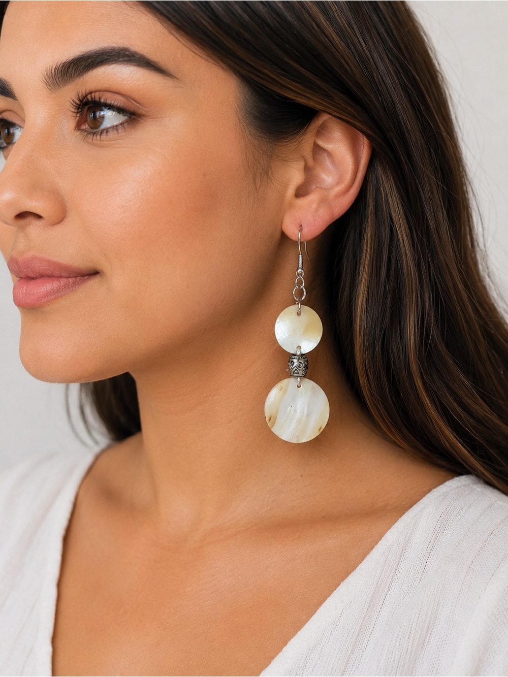 Neutral Shell Disc Drop Earrings by